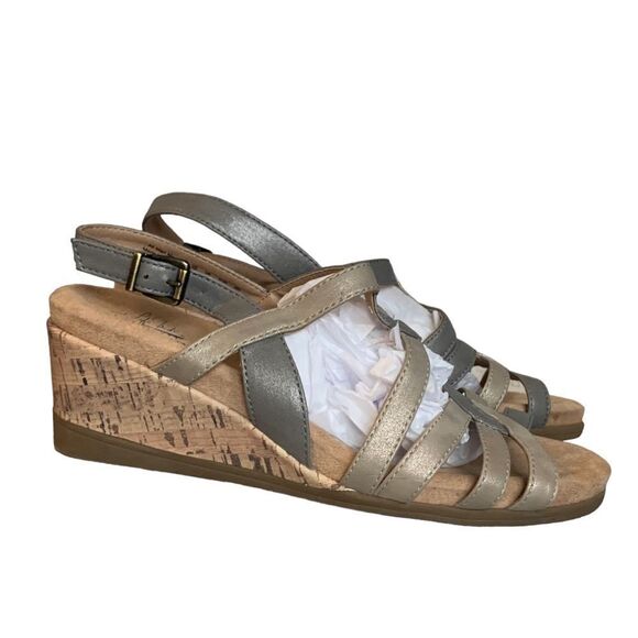 LifeStride Tabby Metallic Wedge Grey Gold Vegan Leather Wedge Cork Sandals 8.5 - Picture 2 of 15